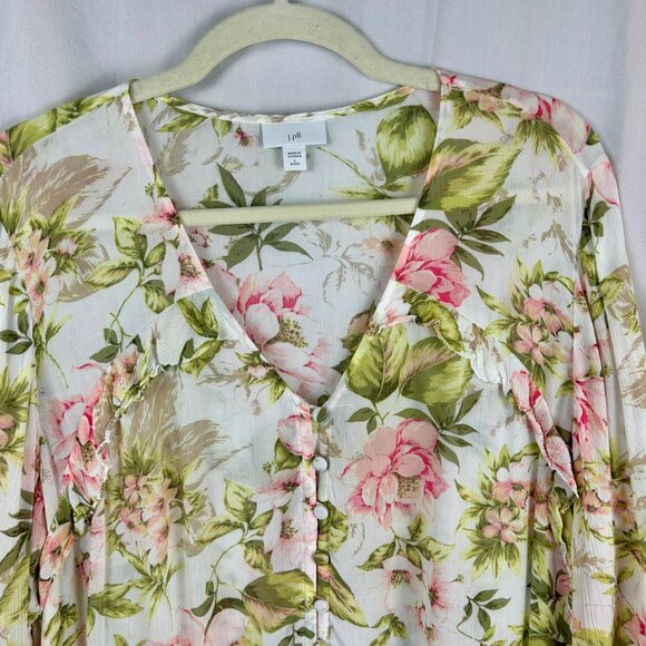 J Jill Floral Ruffle Trim Blouse Women Large Petite White Pink Green Cottagecore - Picture 7 of 11